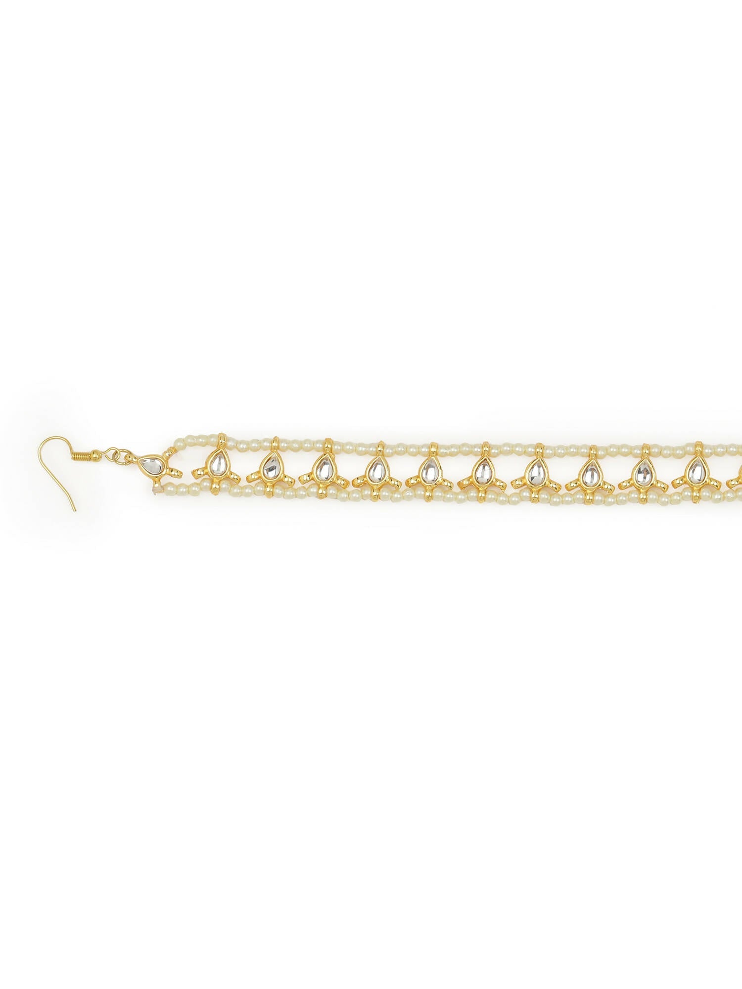 Gold-Polished White Kundan-Studded Pearl Beaded Hair Band - Ruby Raang | Grocsy
