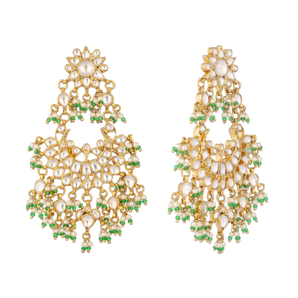 Nuyug 22K Gold-Plated Kundan & Pearl Studded Crescent Shaped Green Beads Chandbalis | Grocsy