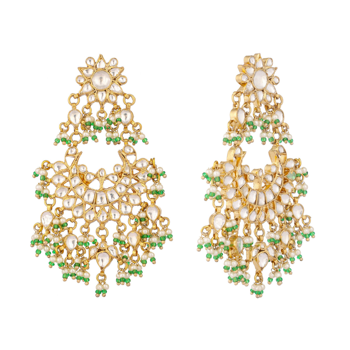 Nuyug 22K Gold-Plated Kundan & Pearl Studded Crescent Shaped Green Beads Chandbalis | Grocsy