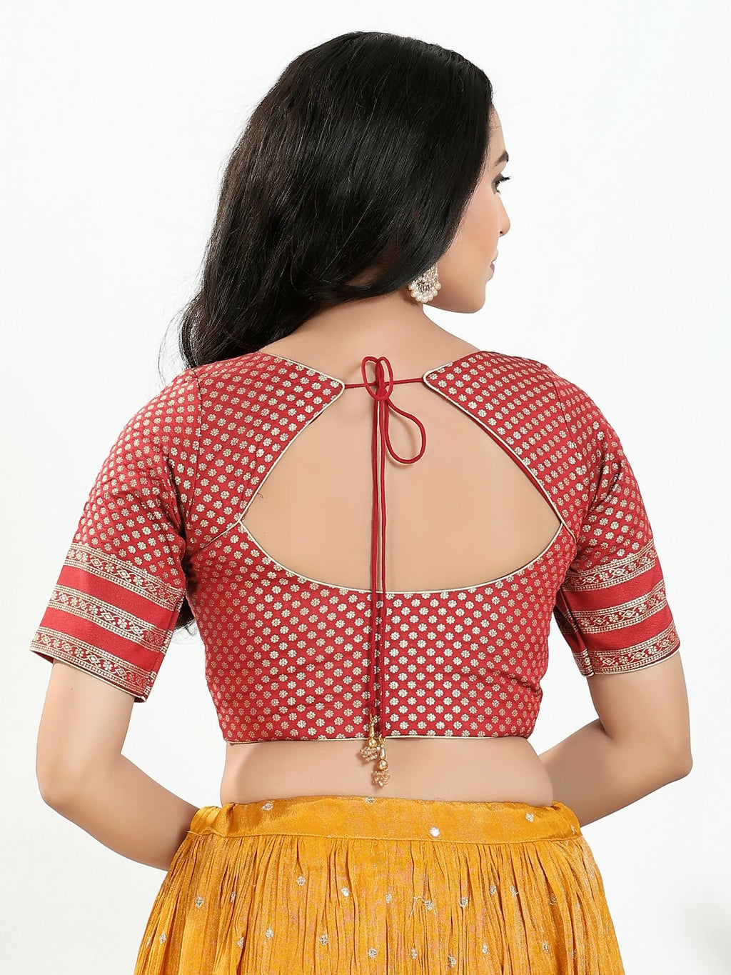 Joban Fashion Maroon Brocade Padded Blouse With Round Neck Elbow Sleeves | Grocsy