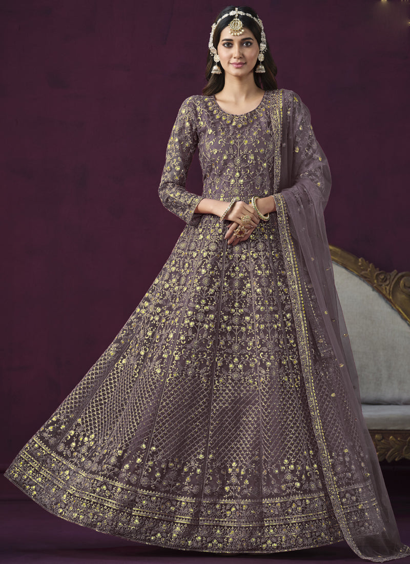 Vegaa Fashion Designer Purple Net Embroidery Anarkali Suit | Grocsy