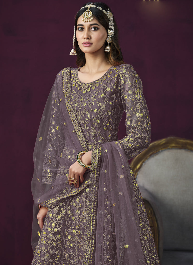 Vegaa Fashion Designer Purple Net Embroidery Anarkali Suit | Grocsy