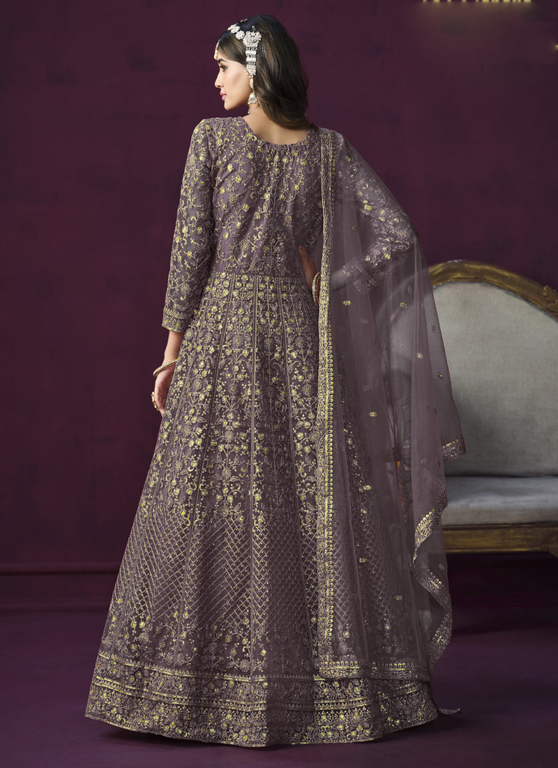 Vegaa Fashion Designer Purple Net Embroidery Anarkali Suit | Grocsy