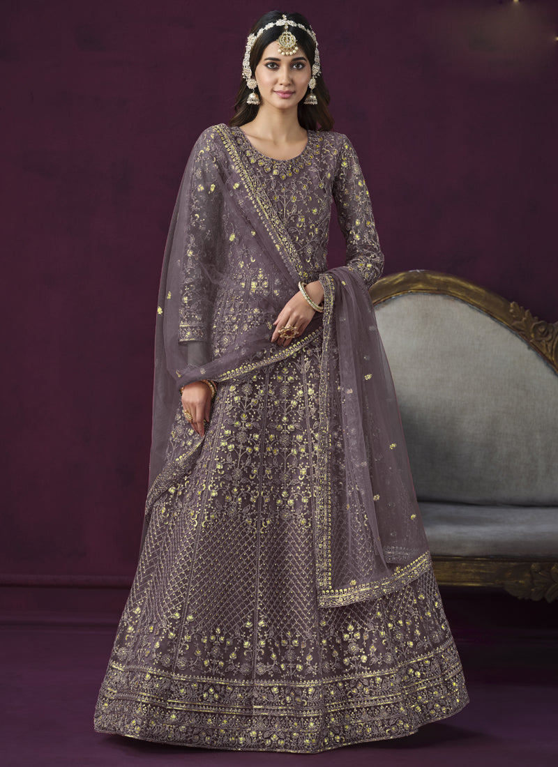 Vegaa Fashion Designer Purple Net Embroidery Anarkali Suit | Grocsy