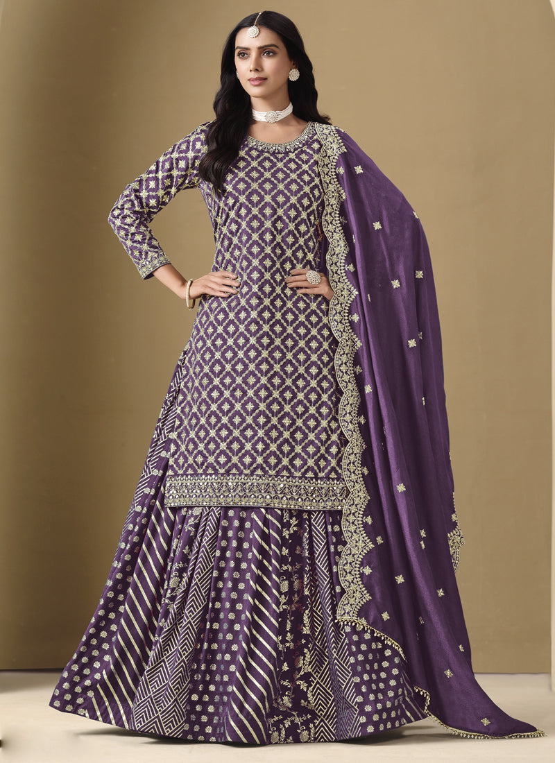 Vegaa Fashion Purple Art Silk Embroidered Lehenga Style Suit | Grocsy