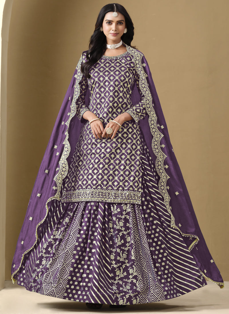 Vegaa Fashion Purple Art Silk Embroidered Lehenga Style Suit | Grocsy