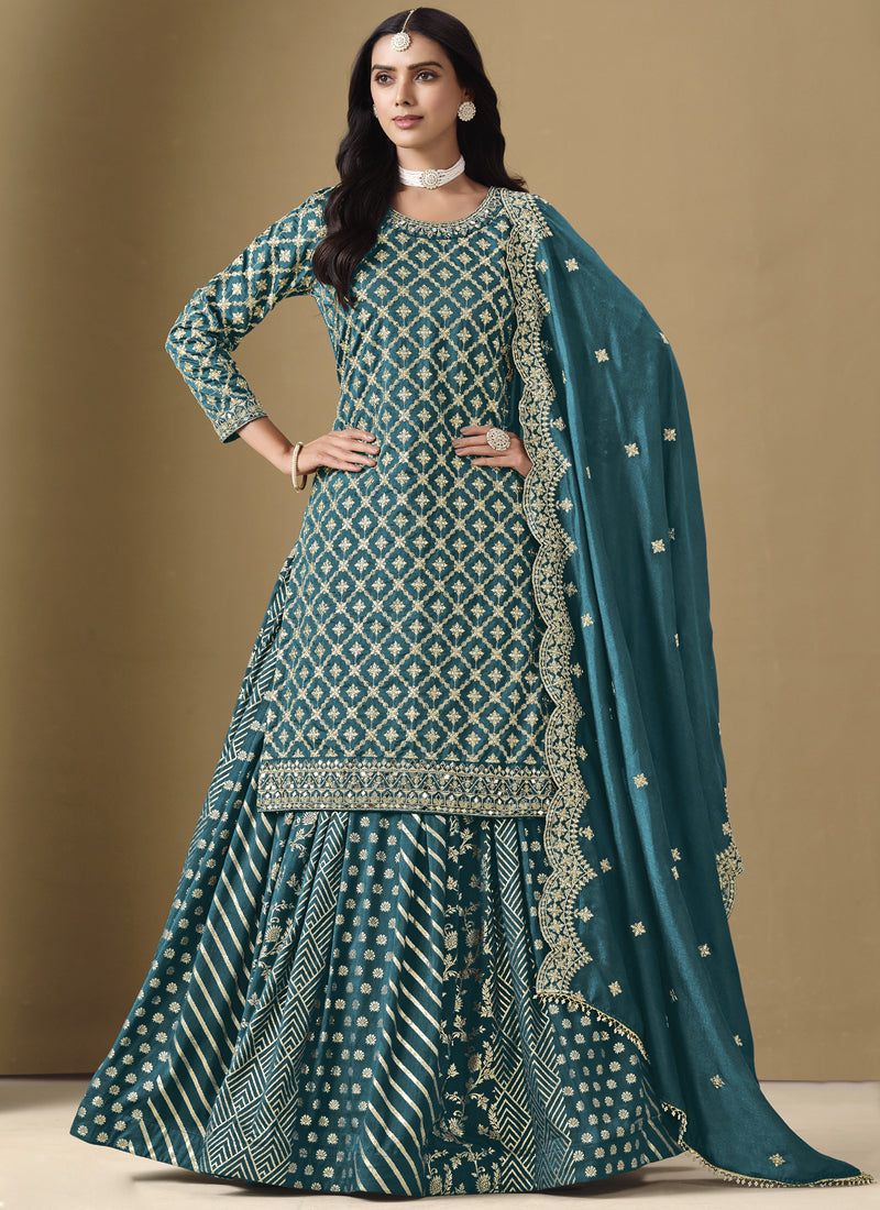 Vegaa Fashion Turquoise Art Silk Embroidered Lehenga Style Suit | Grocsy