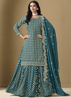 Vegaa Fashion Turquoise Art Silk Embroidered Lehenga Style Suit | Grocsy
