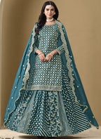 Vegaa Fashion Turquoise Art Silk Embroidered Lehenga Style Suit | Grocsy