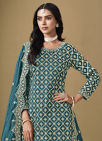 Vegaa Fashion Turquoise Art Silk Embroidered Lehenga Style Suit | Grocsy