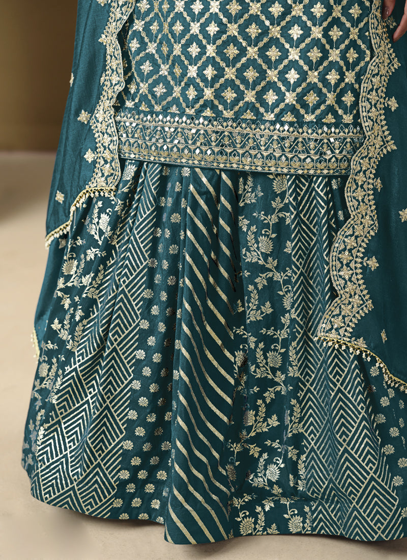 Vegaa Fashion Turquoise Art Silk Embroidered Lehenga Style Suit | Grocsy