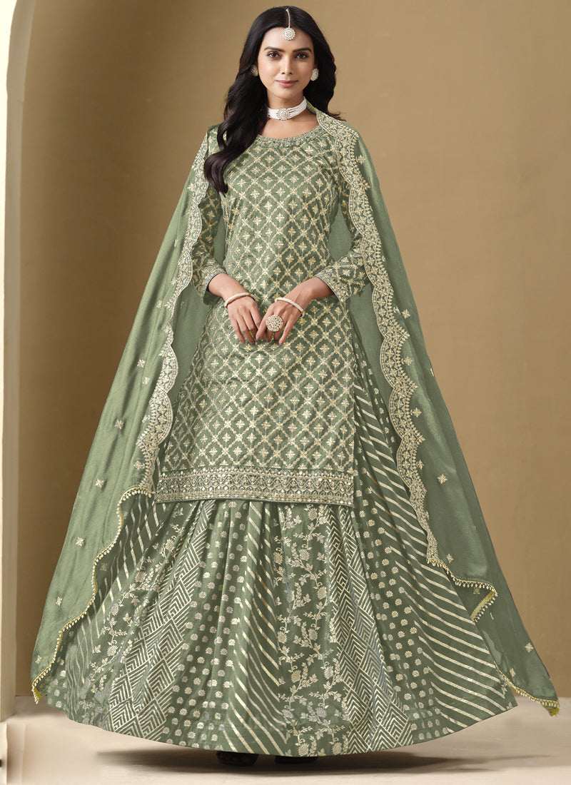 Vegaa Fashion Light Green Art Silk Embroidered Lehenga Style Suit | Grocsy