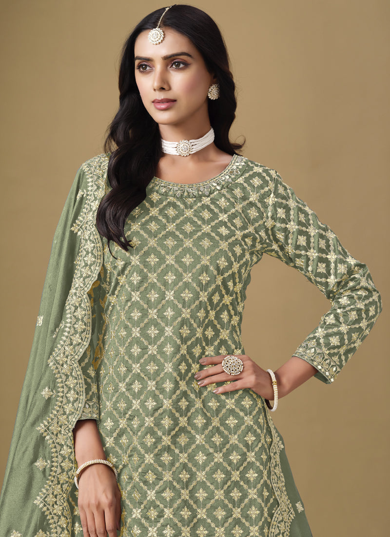 Vegaa Fashion Light Green Art Silk Embroidered Lehenga Style Suit | Grocsy