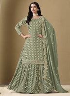 Vegaa Fashion Light Green Art Silk Embroidered Lehenga Style Suit | Grocsy