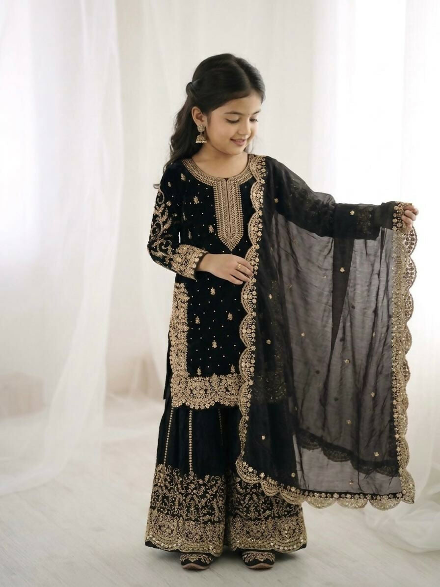 Teeya Creation New Trendy Fully Stitched Ready to Wear Kids Kurta Palazzo Set-Black | Grocsy
