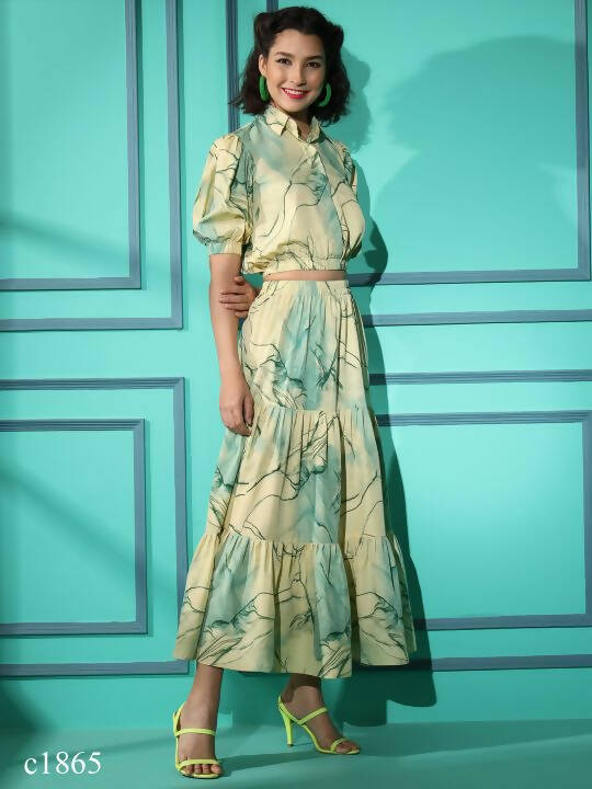 Green Rayon Tie dye Printed Top with Matching Skirt - Shivani | Grocsy