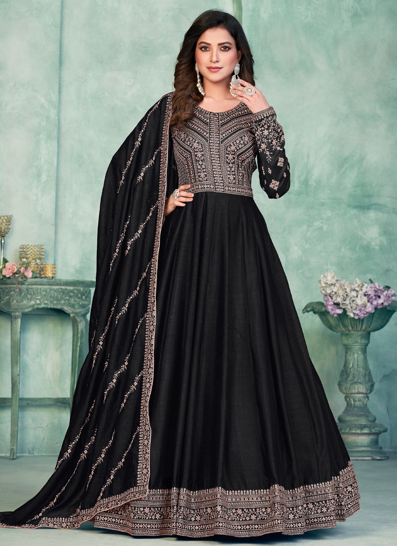 Vegaa Fashion Black Art Silk Embroidered Anarkali Suit | Grocsy