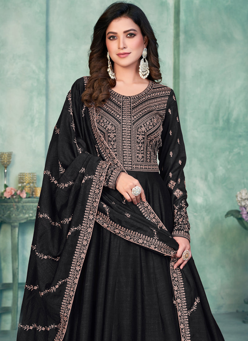 Vegaa Fashion Black Art Silk Embroidered Anarkali Suit | Grocsy