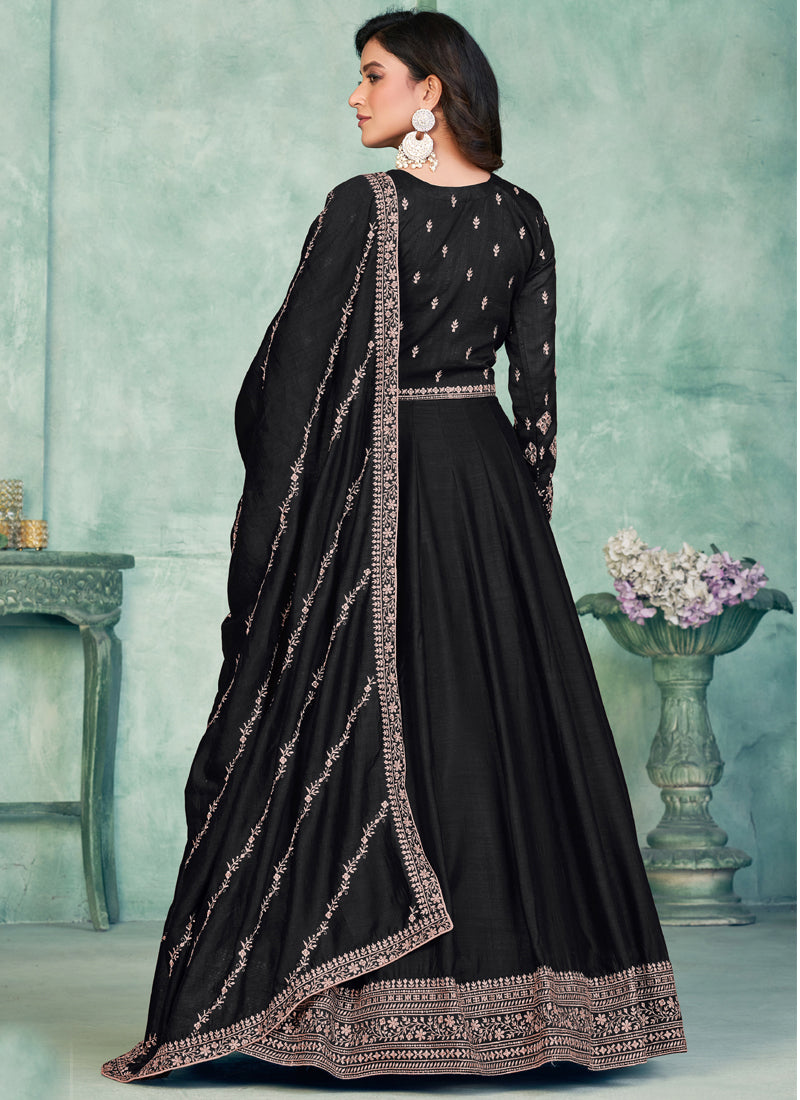 Vegaa Fashion Black Art Silk Embroidered Anarkali Suit | Grocsy