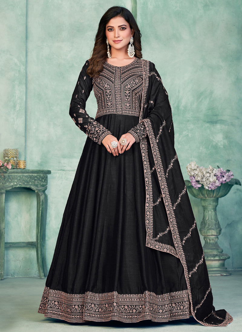 Vegaa Fashion Black Art Silk Embroidered Anarkali Suit | Grocsy