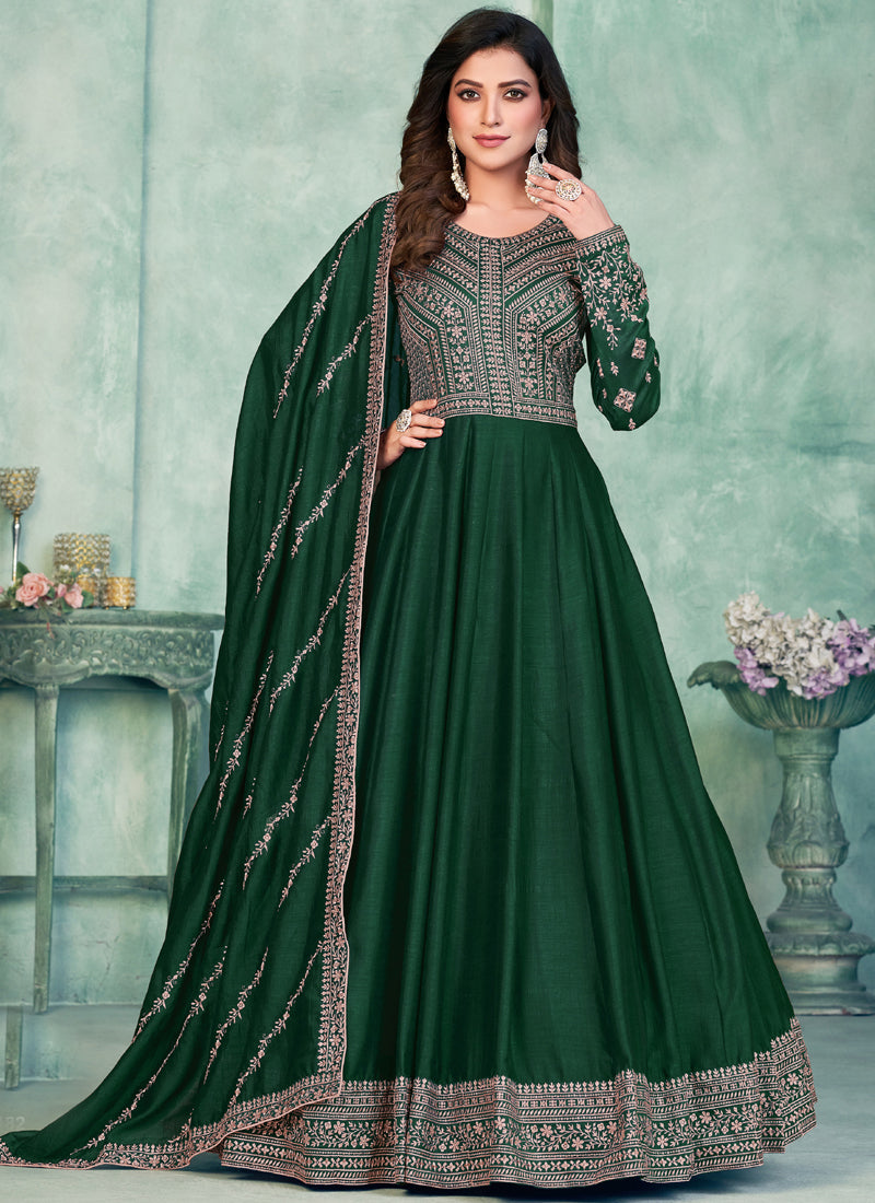 Vegaa Fashion Green Art Silk Embroidered Anarkali Suit | Grocsy
