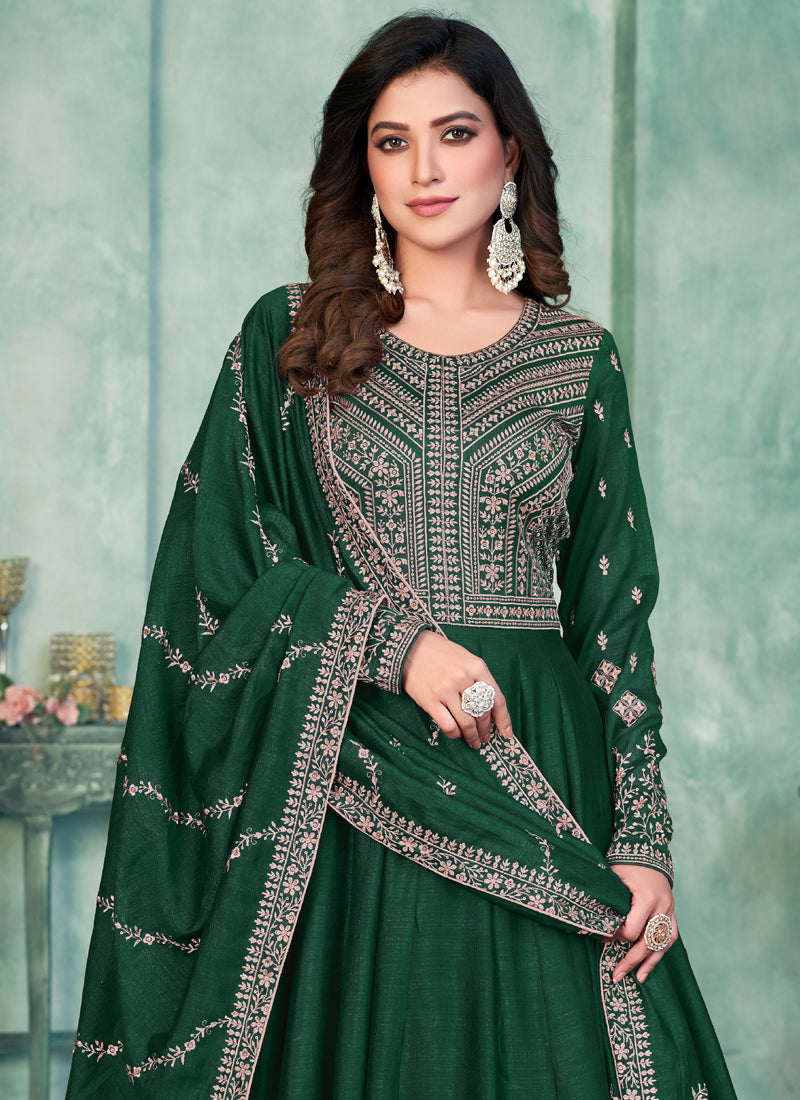 Vegaa Fashion Green Art Silk Embroidered Anarkali Suit | Grocsy