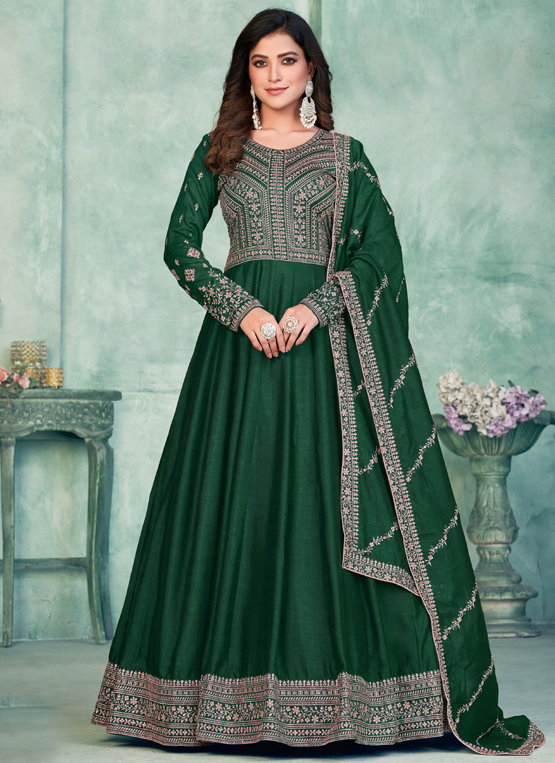 Vegaa Fashion Green Art Silk Embroidered Anarkali Suit | Grocsy