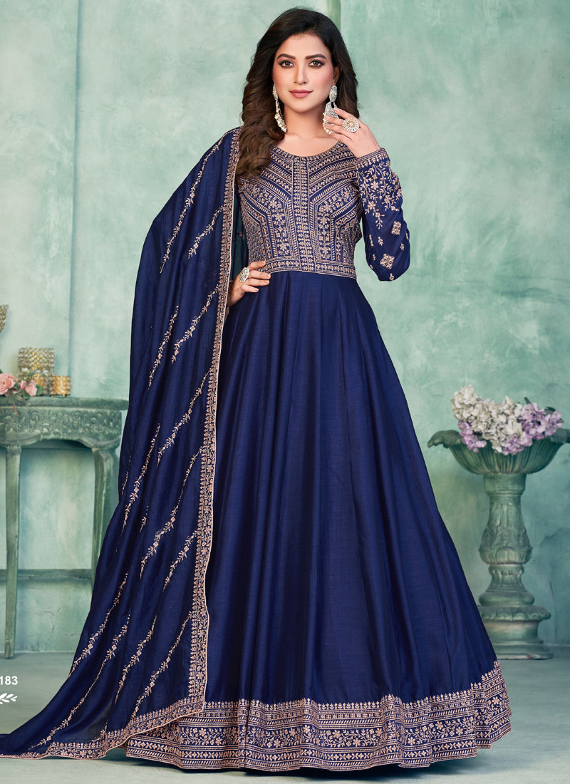 Vegaa Fashion Blue Art Silk Embroidered Anarkali Suit | Grocsy