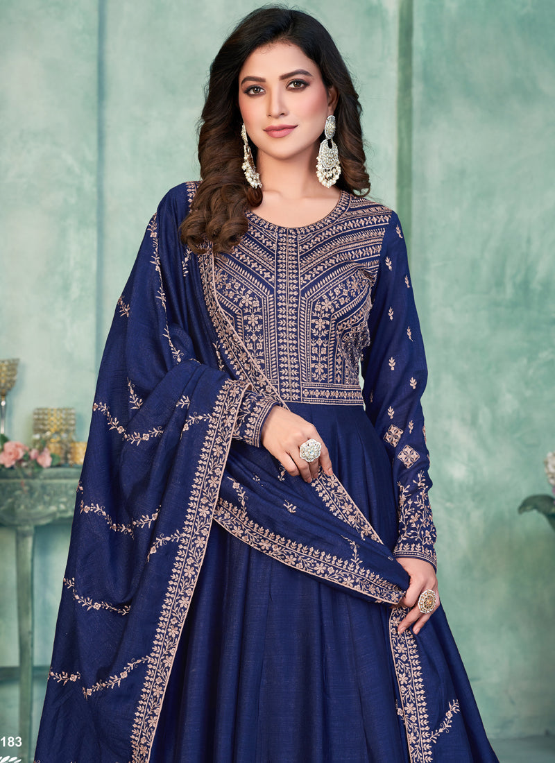 Vegaa Fashion Blue Art Silk Embroidered Anarkali Suit | Grocsy