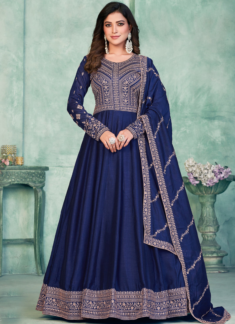 Vegaa Fashion Blue Art Silk Embroidered Anarkali Suit | Grocsy
