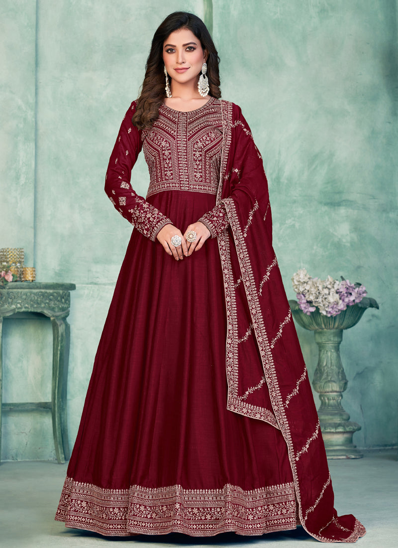 Vegaa Fashion Maroon Art Silk Embroidered Anarkali Suit | Grocsy