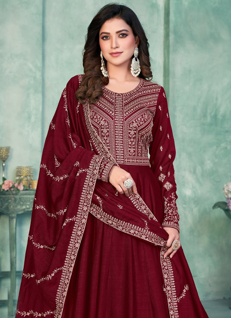 Vegaa Fashion Maroon Art Silk Embroidered Anarkali Suit | Grocsy