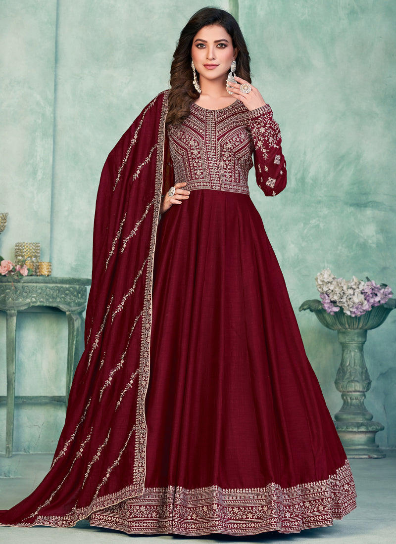 Vegaa Fashion Maroon Art Silk Embroidered Anarkali Suit | Grocsy