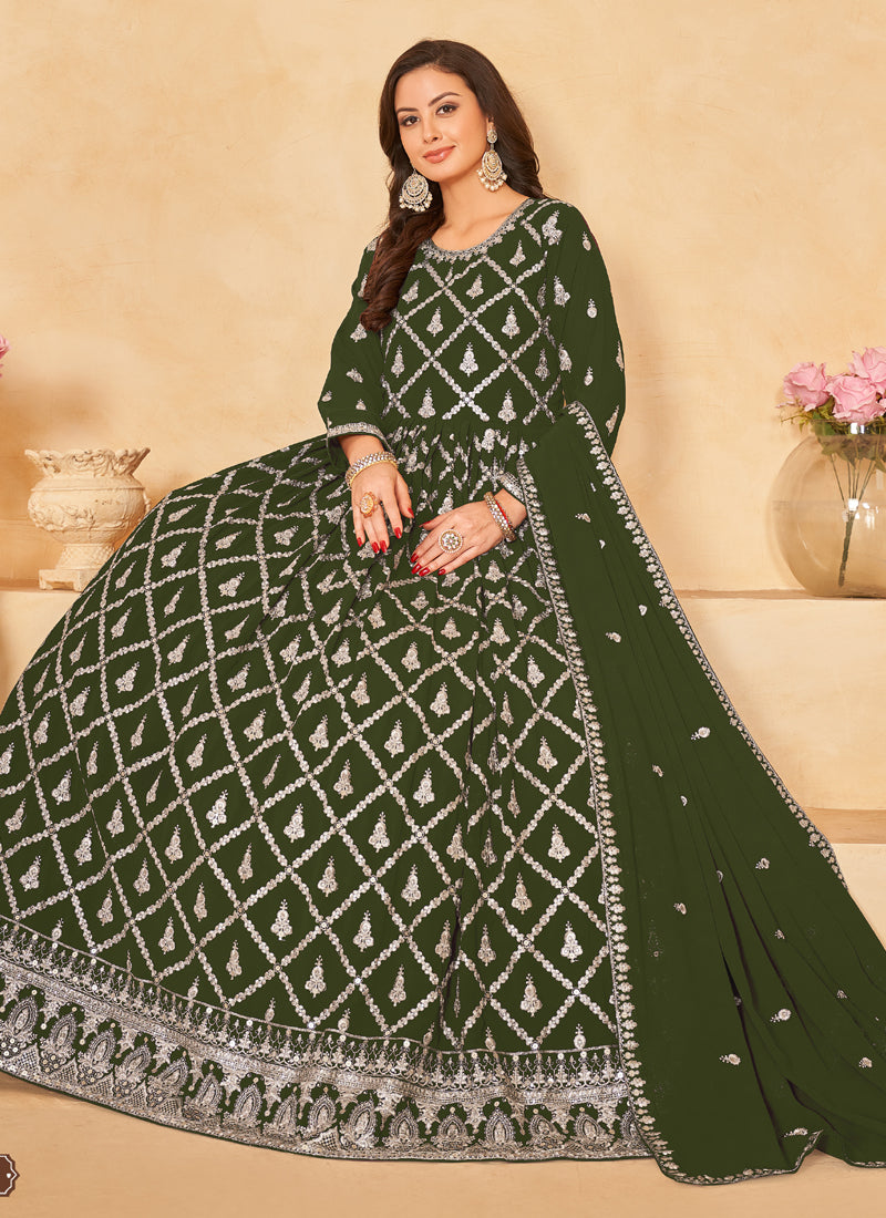 Vegaa Fashion Designer Mahendi Faux Georgette Embroidery Anarkali Suit | Grocsy