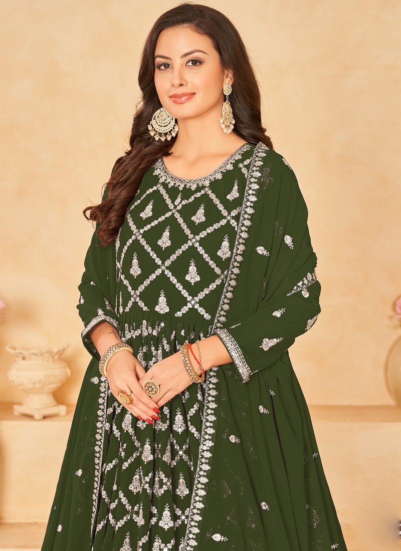Vegaa Fashion Designer Mahendi Faux Georgette Embroidery Anarkali Suit | Grocsy