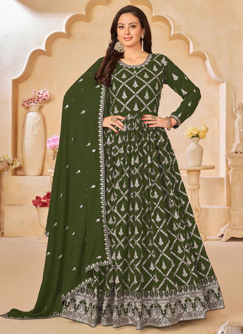 Vegaa Fashion Designer Mahendi Faux Georgette Embroidery Anarkali Suit | Grocsy