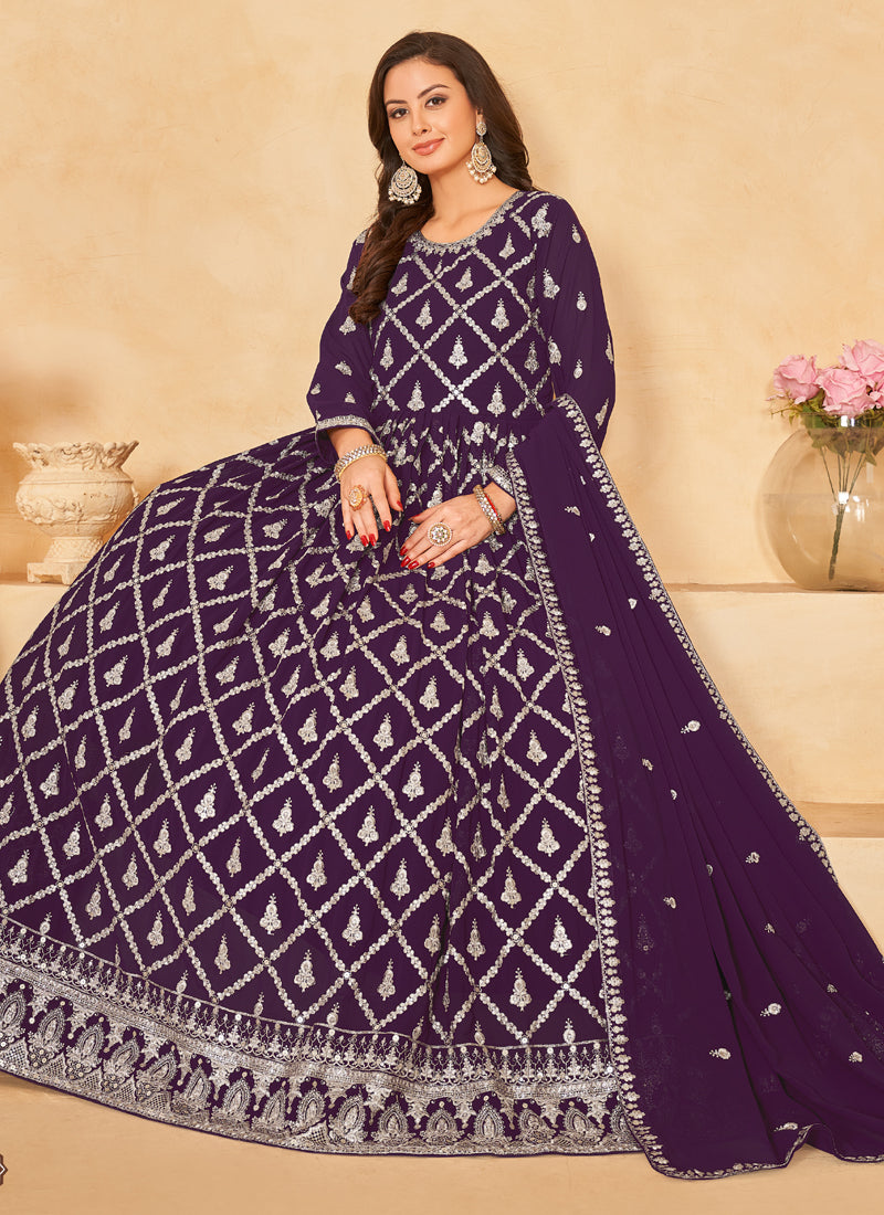 Vegaa Fashion Designer Purple Faux Georgette Embroidery Anarkali Suit | Grocsy
