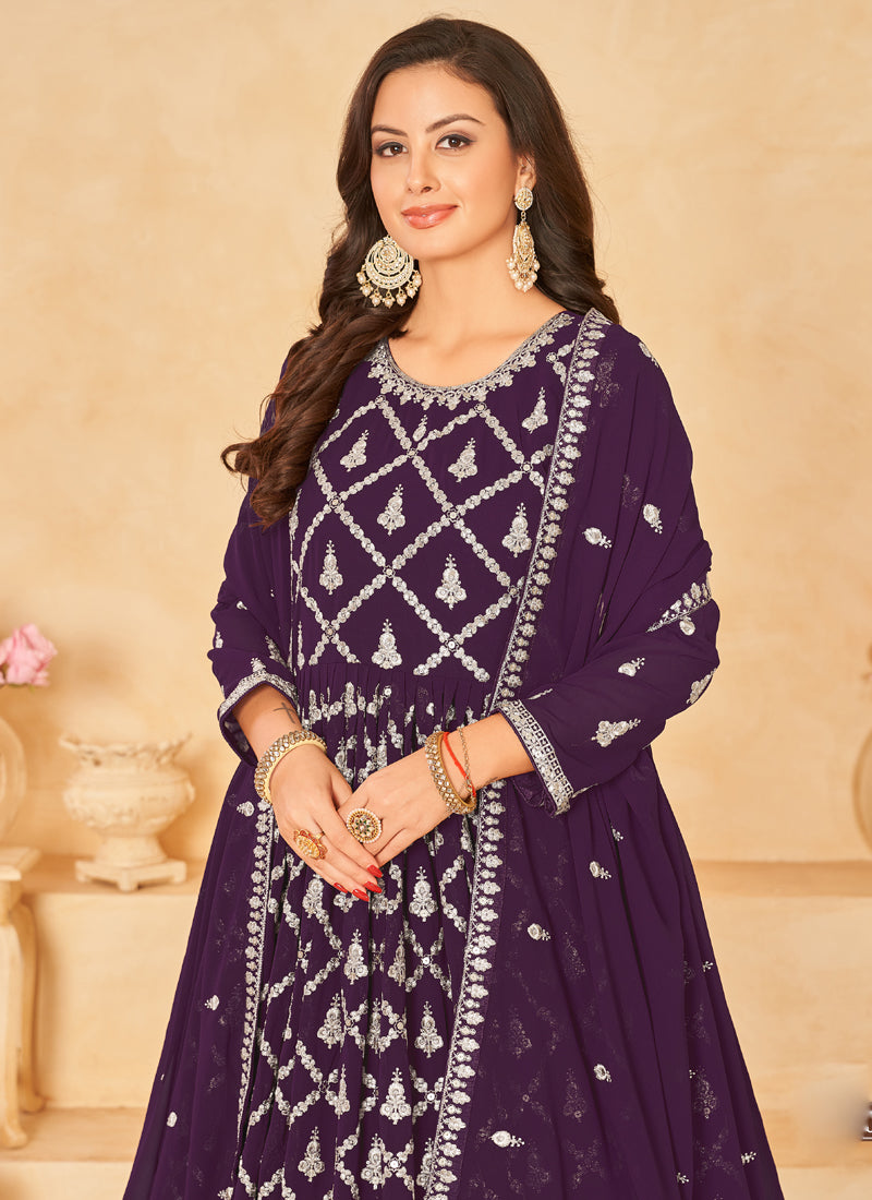 Vegaa Fashion Designer Purple Faux Georgette Embroidery Anarkali Suit | Grocsy