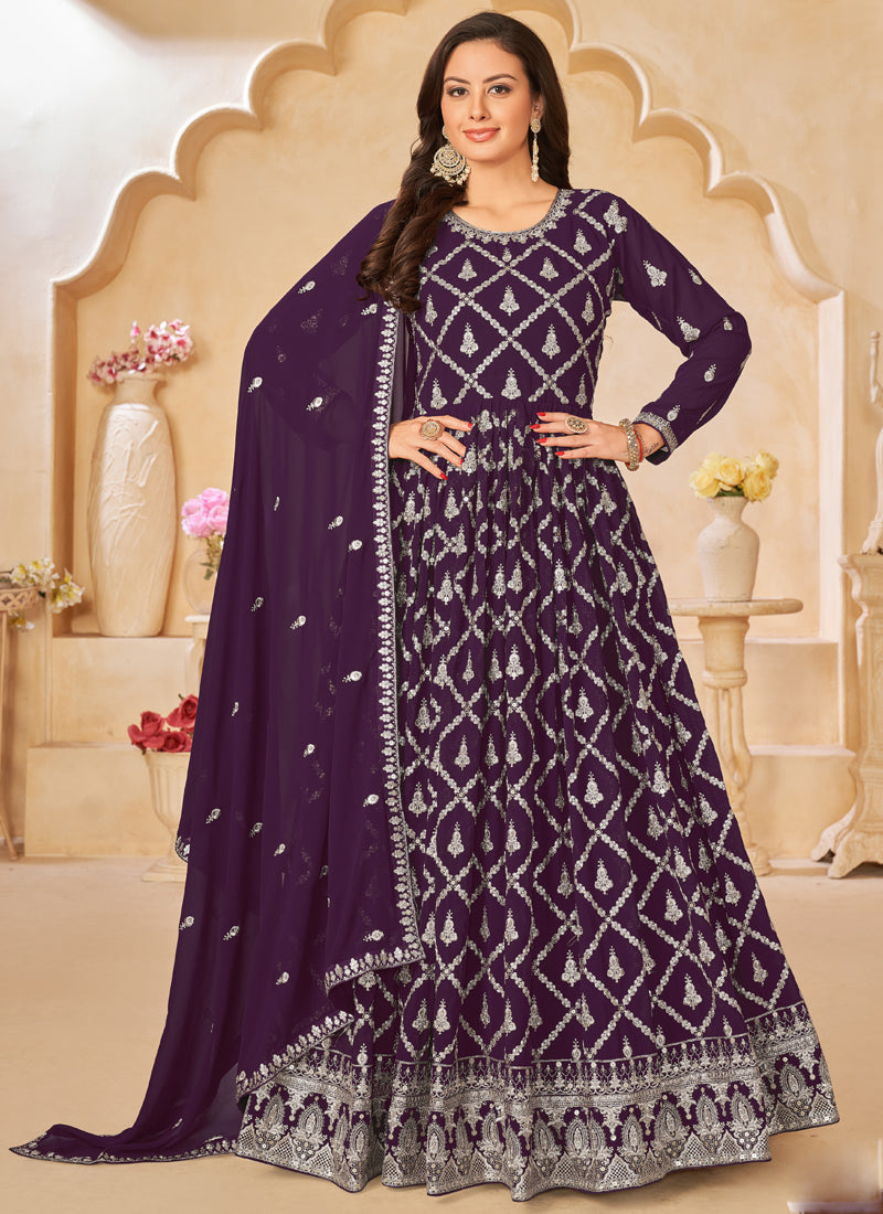 Vegaa Fashion Designer Purple Faux Georgette Embroidery Anarkali Suit | Grocsy