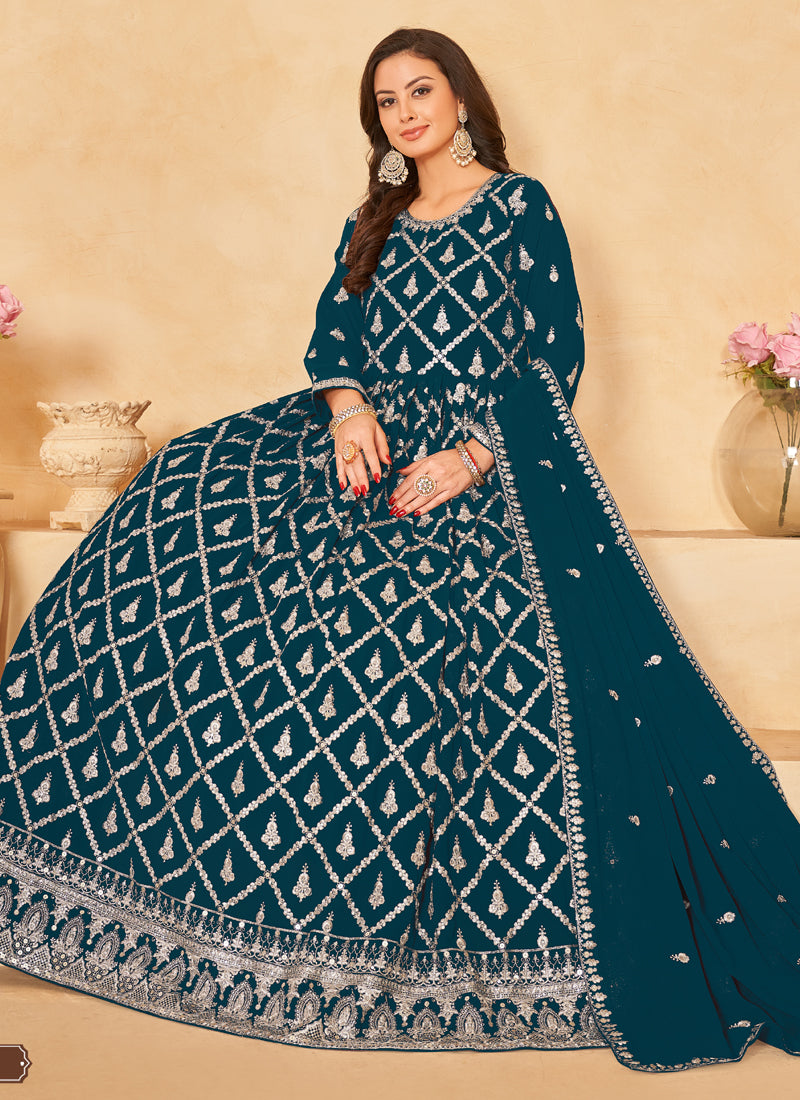 Vegaa Fashion Designer Aqua Blue Faux Georgette Embroidery Anarkali Suit | Grocsy