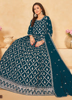 Vegaa Fashion Designer Aqua Blue Faux Georgette Embroidery Anarkali Suit | Grocsy