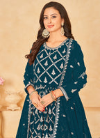 Vegaa Fashion Designer Aqua Blue Faux Georgette Embroidery Anarkali Suit | Grocsy