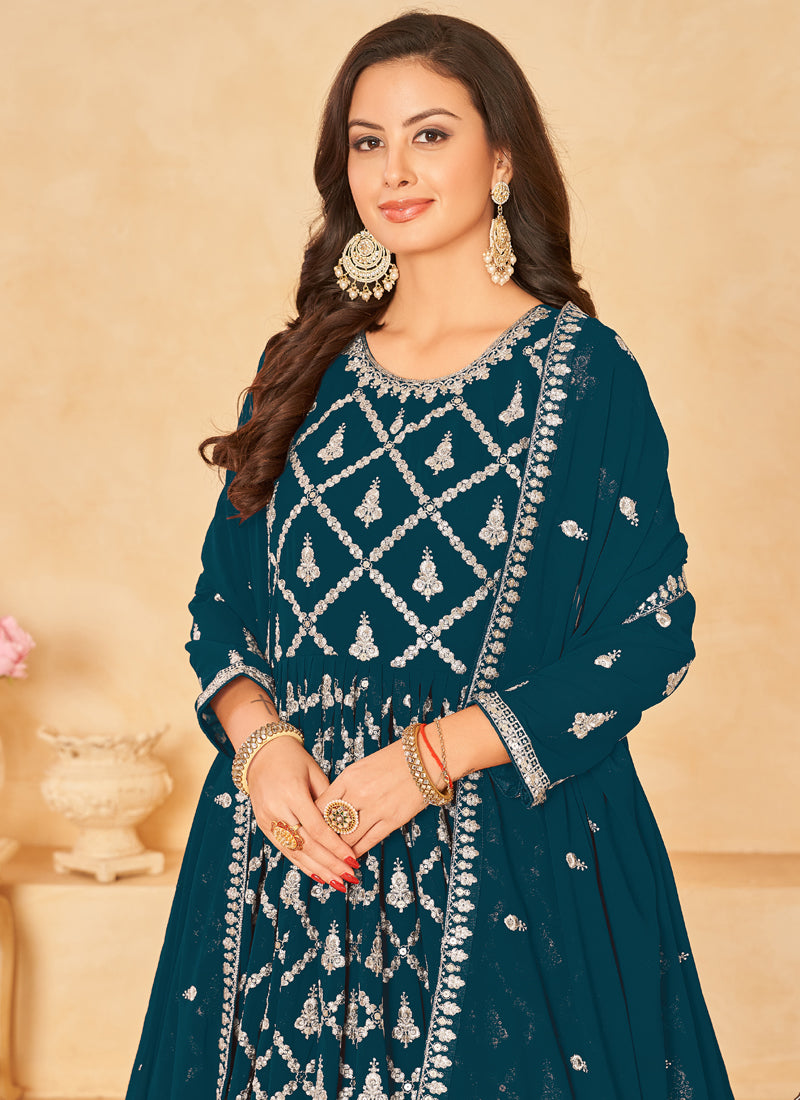 Vegaa Fashion Designer Aqua Blue Faux Georgette Embroidery Anarkali Suit | Grocsy