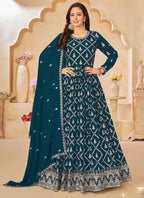 Vegaa Fashion Designer Aqua Blue Faux Georgette Embroidery Anarkali Suit | Grocsy