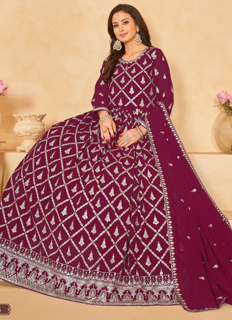 Vegaa Fashion Designer Wine Faux Georgette Embroidery Anarkali Suit | Grocsy