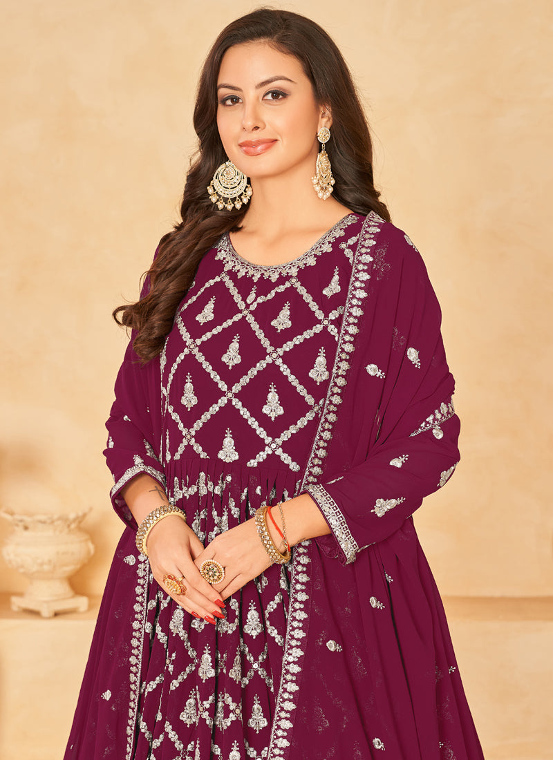 Vegaa Fashion Designer Wine Faux Georgette Embroidery Anarkali Suit | Grocsy