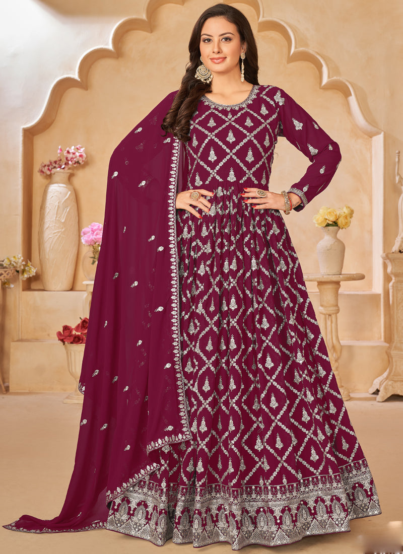 Vegaa Fashion Designer Wine Faux Georgette Embroidery Anarkali Suit | Grocsy