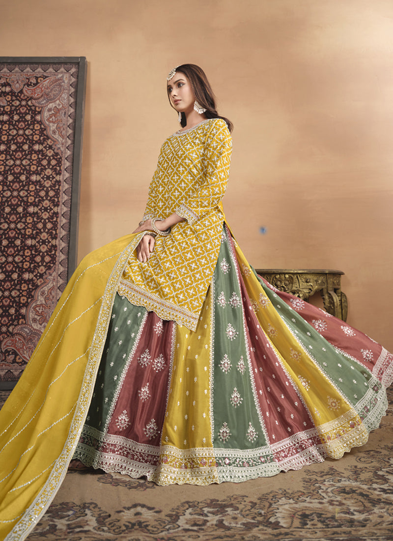 Vegaa Fashion Yellow Chinon Silk Embroidered Lehenga Style Suit | Grocsy