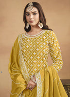 Vegaa Fashion Yellow Chinon Silk Embroidered Lehenga Style Suit | Grocsy