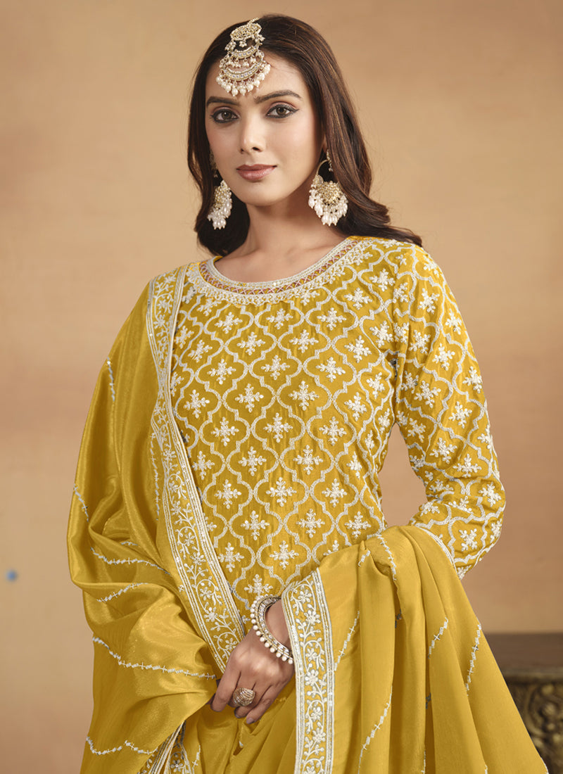 Vegaa Fashion Yellow Chinon Silk Embroidered Lehenga Style Suit | Grocsy